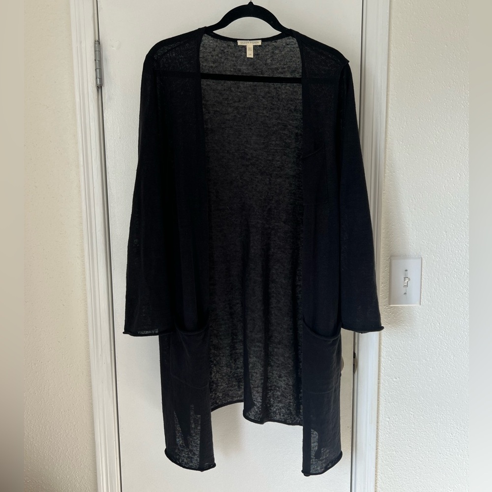 Eileen Fisher Organic Linen Black Longline Cardigan